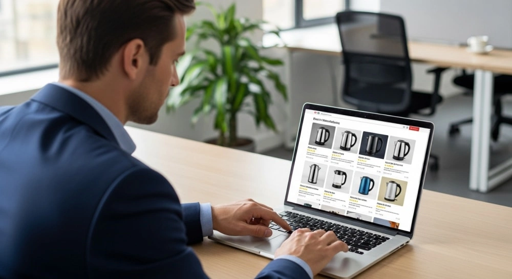 A buyer searching for Chinese electric kettle manufacturers on a B2B marketplace website.