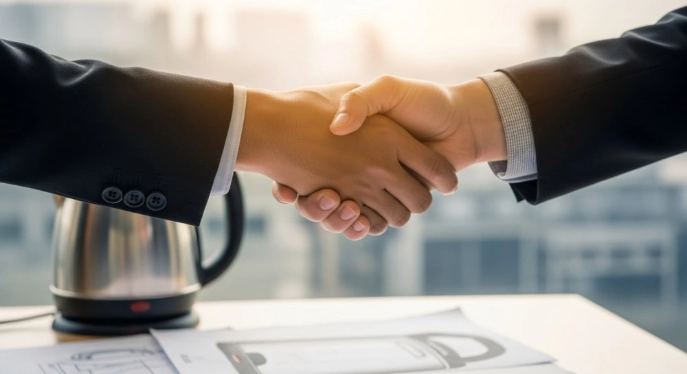 A firm handshake symbolizing a successful partnership with a Chinese electric kettle manufacturer.