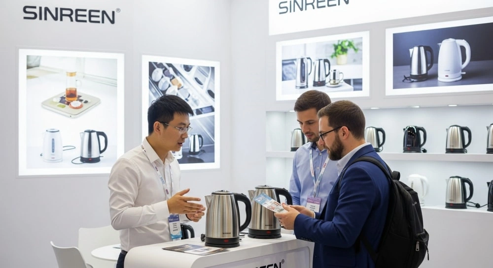 An electric kettle manufacturer's booth at an international trade show, interacting with a potential buyer.