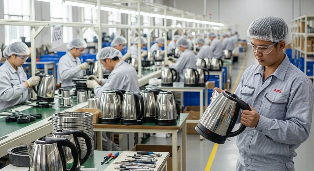 Inside a modern factory of a leading electric kettle manufacturer, showing the assembly and quality control process.